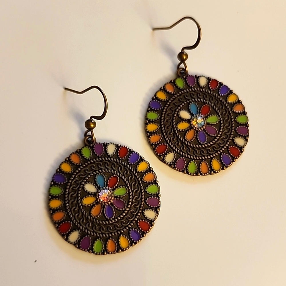 Boho Disc Earrings Bronze Colorful  Center Simulated Diamond ER